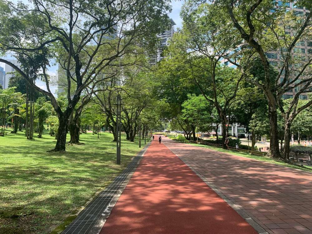 Tree-lined walking path in KLCC Park with towers visible through the canopy