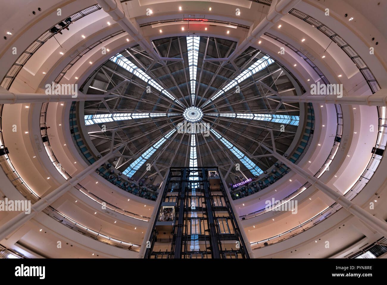 Steel and glass structure of the Petronas Towers viewed from below